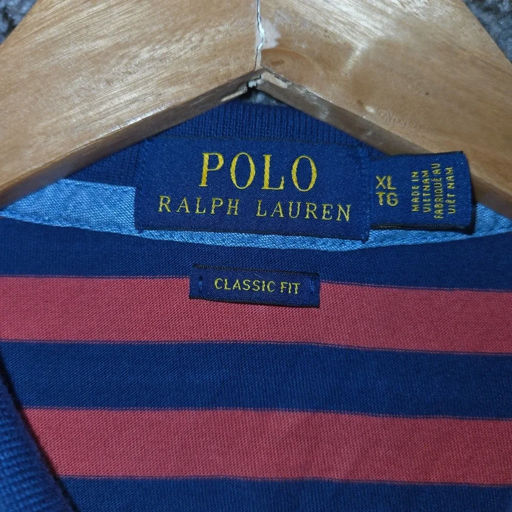 Ralph Lauren Polo Shirt Mens XL Blue Red Striped Blue Pony Classic Short Sleeve